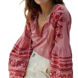 Anthropologie Seen Worn Kept Jana Blouse Women’s 22W Pink Embroidered Boho Shirt